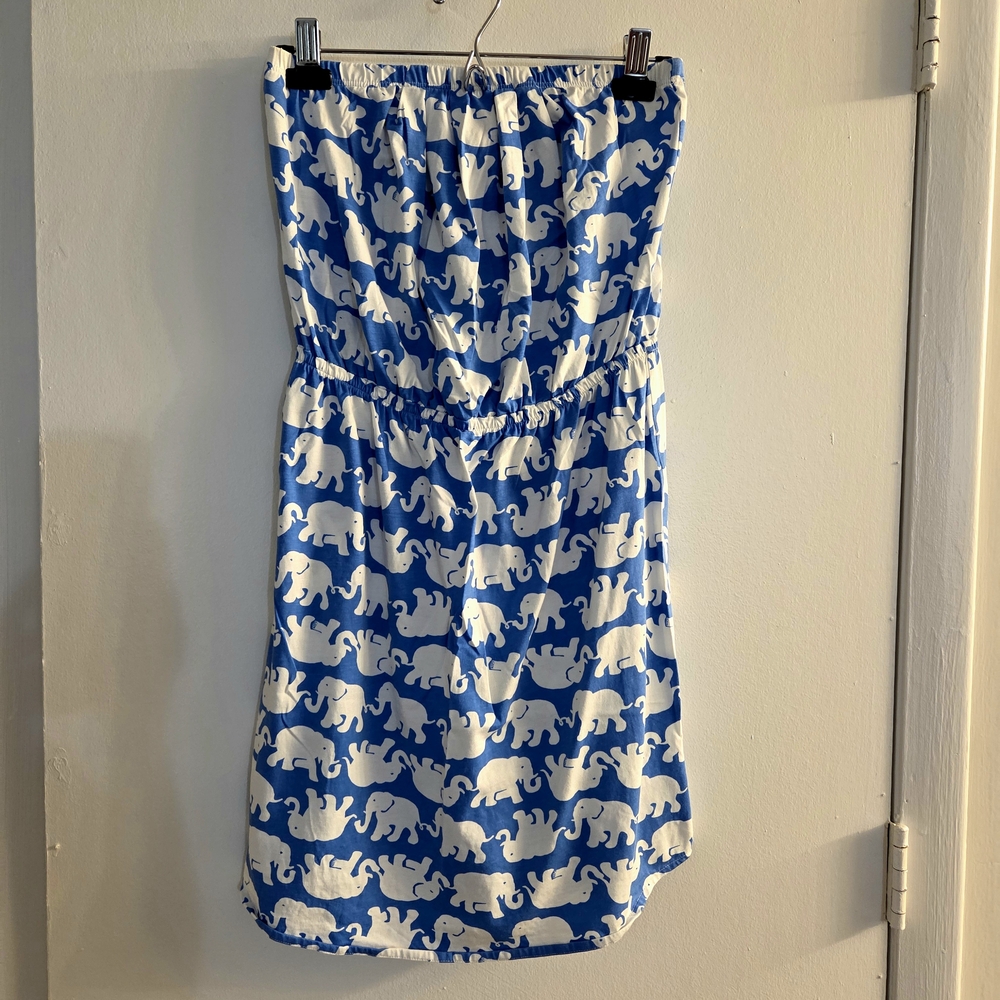 Blue and White Elephant Print Strapless Dress